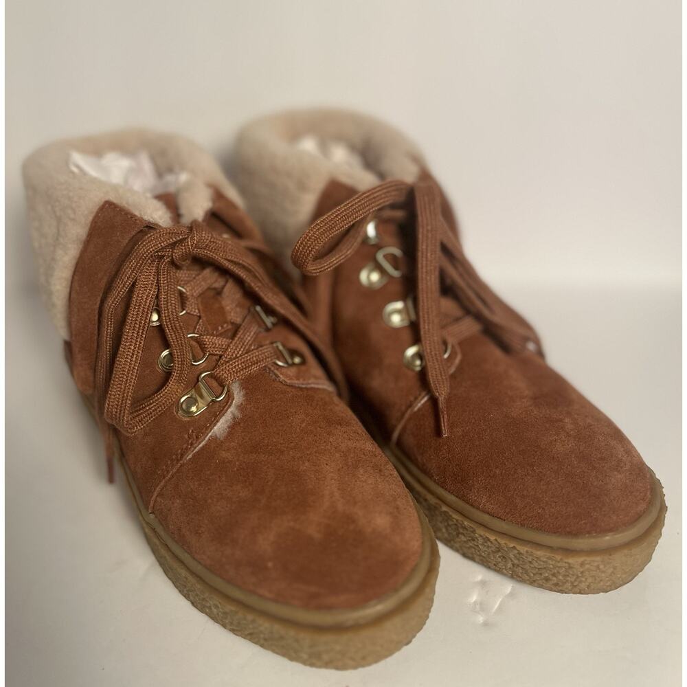 TAYCE Sz 5.5 Silky Suede Crepe Wedge Bootie Foldover Faux Fur Lace Up Boho